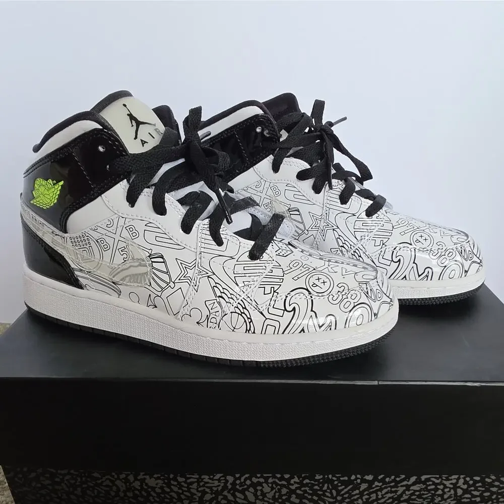 Nike Air Jordan 1 Mid SE (GS) DIY Doodle Black Graffiti DC4099-100, Boys SZ 5Y